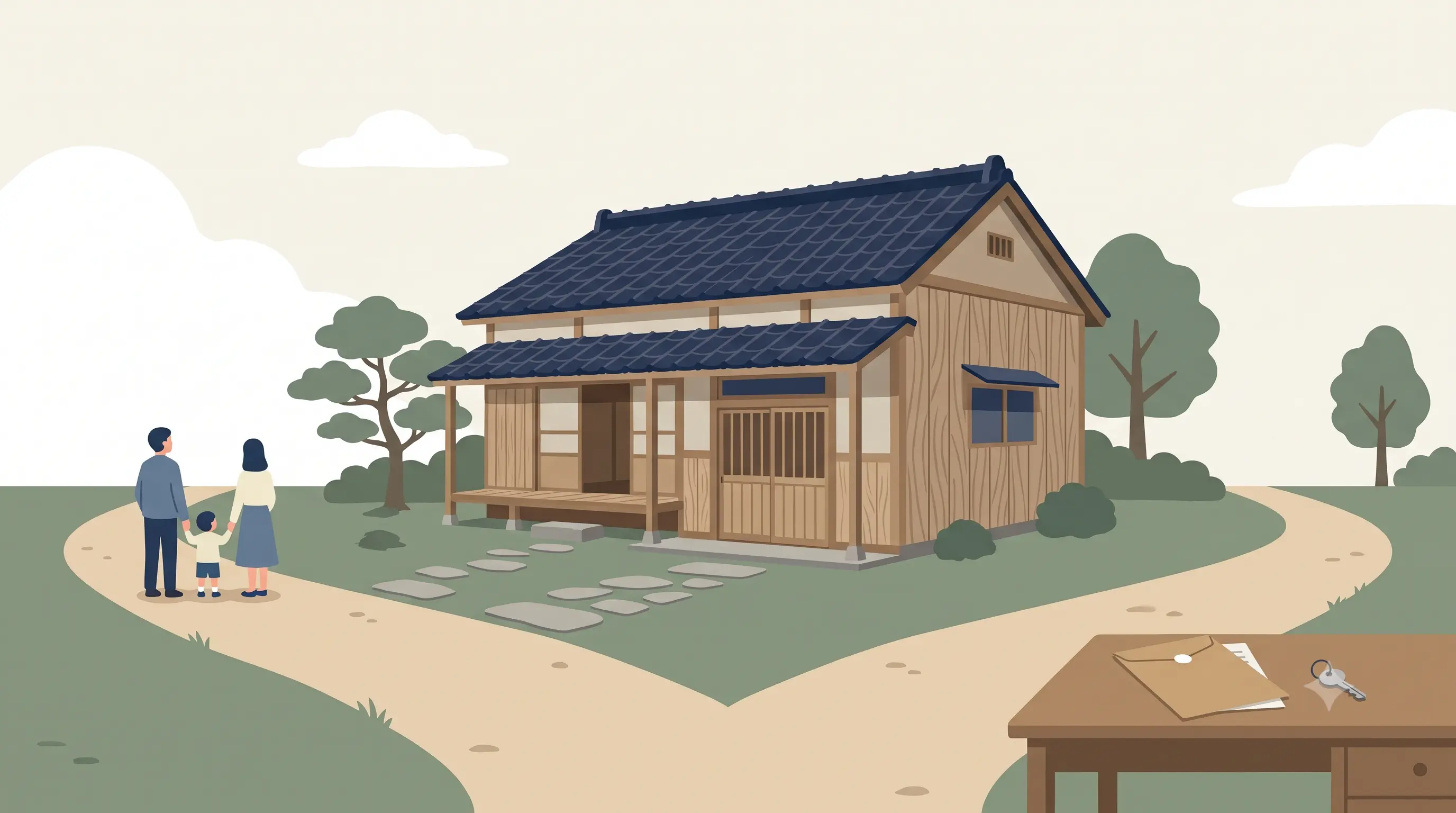 相続した古い実家の前で、仲介と買取の二つの売り方に分かれる道を描いたイラスト