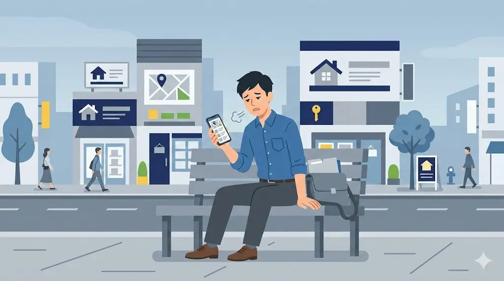 不動産屋めぐりやネットのお部屋探しに疲れてため息をつく男性のイラスト