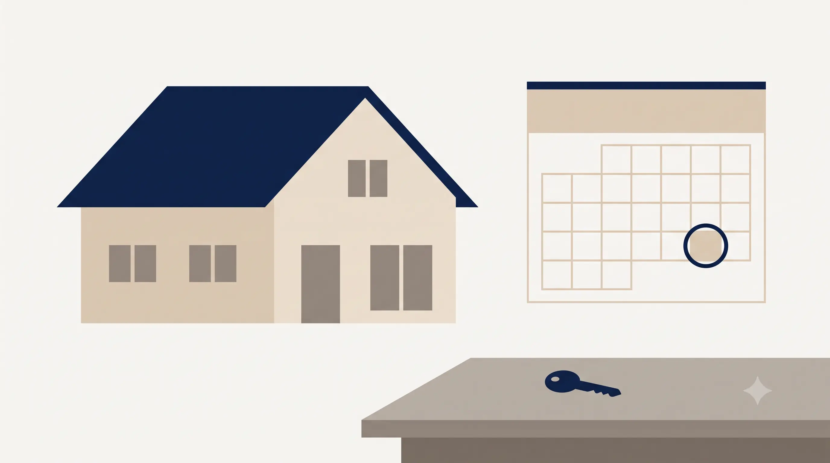 貸している家の契約期間の満了を表す、住宅と日付を丸で囲んだ暦の平面的な挿絵