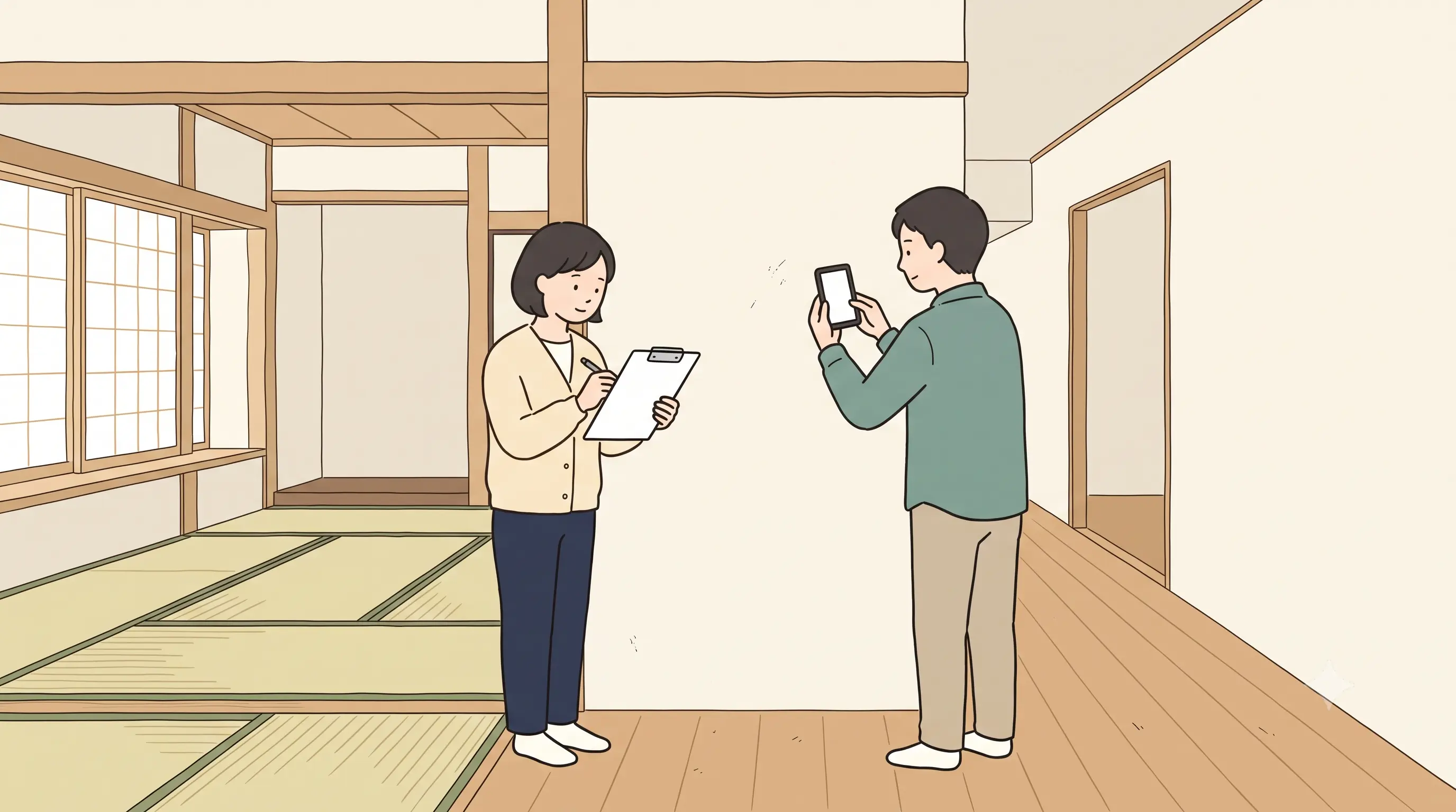 貸す前の家で、入居前の壁の傷を写真と確認表に記録している様子
